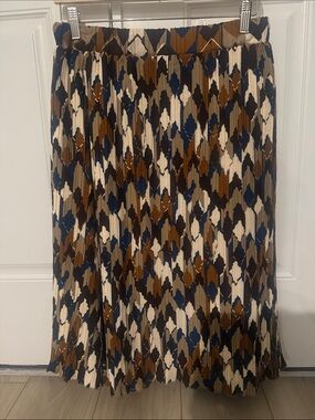 Pleated Midi Skirt in Cream, Brown & Blue